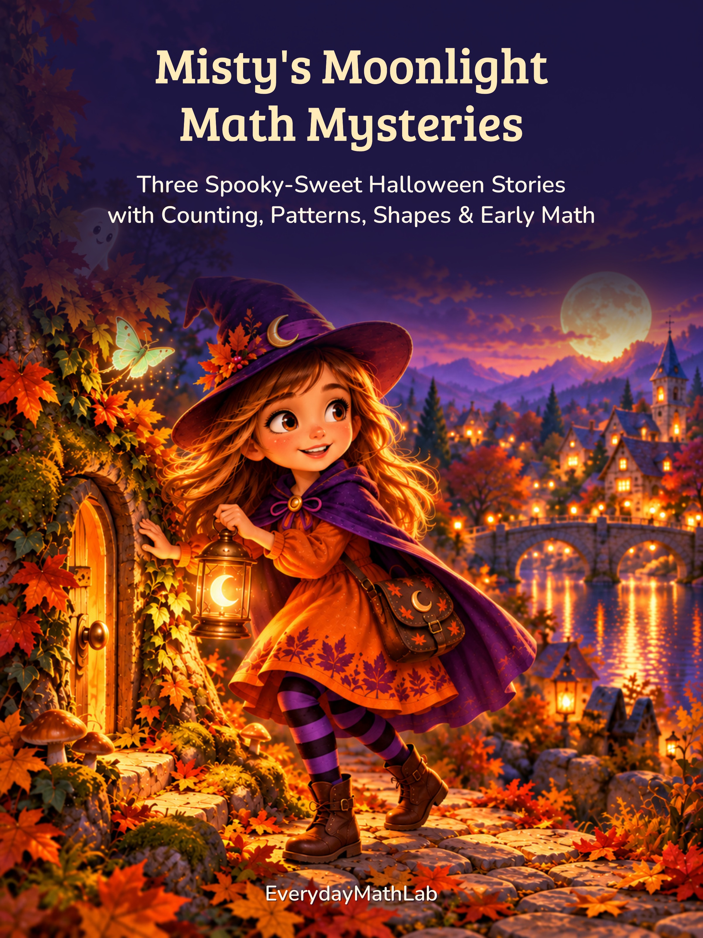 Misty’s Moonlight Math Mysteries cover with a young witch exploring a moonlit Halloween village